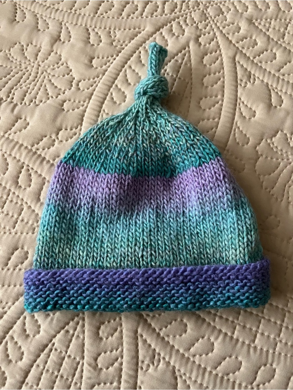 Kids Knit Beanie in Teal and Lavender - Cozy Knot Top